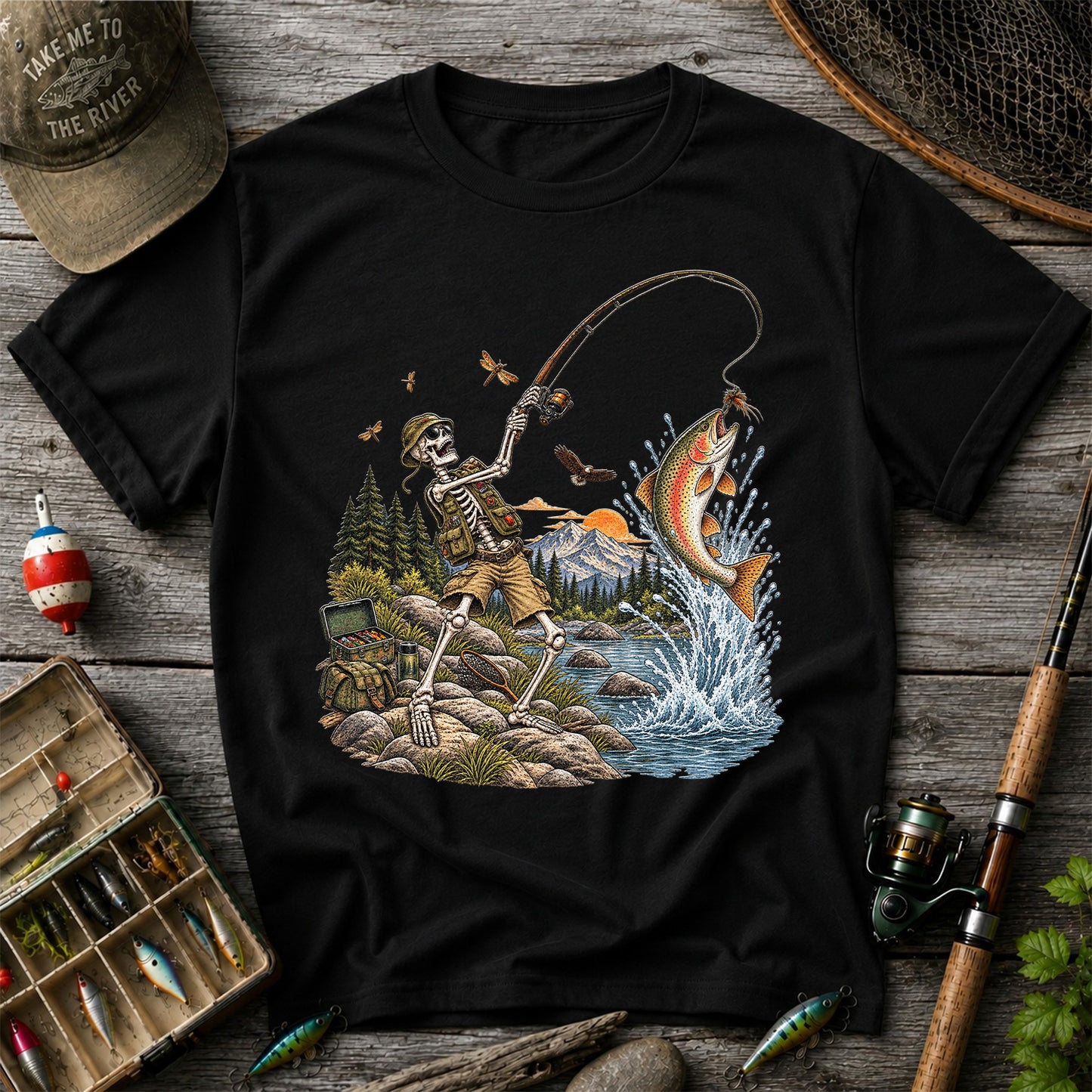 Skeleton Angler Catching Trout at a Mountain Lake Fishing T-Shirt