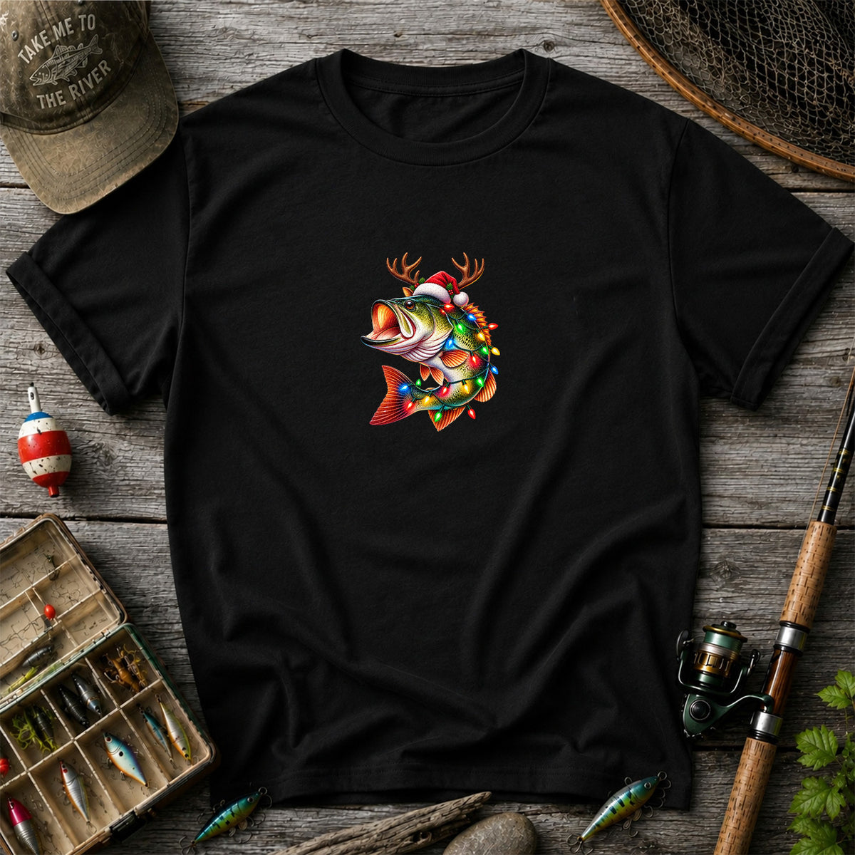 Christmas Bass with Santa Hat, Antlers and Holiday Lights Fishing T-Shirt