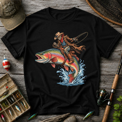 Skeleton Cowboy Riding a Rainbow Trout Fishing Graphic T-Shirt
