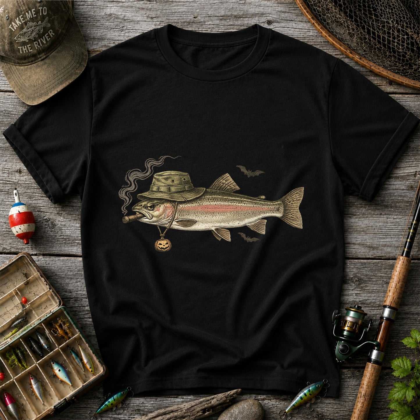 Halloween Trout in Fishing Hat with Pumpkin Charm Graphic T-Shirt