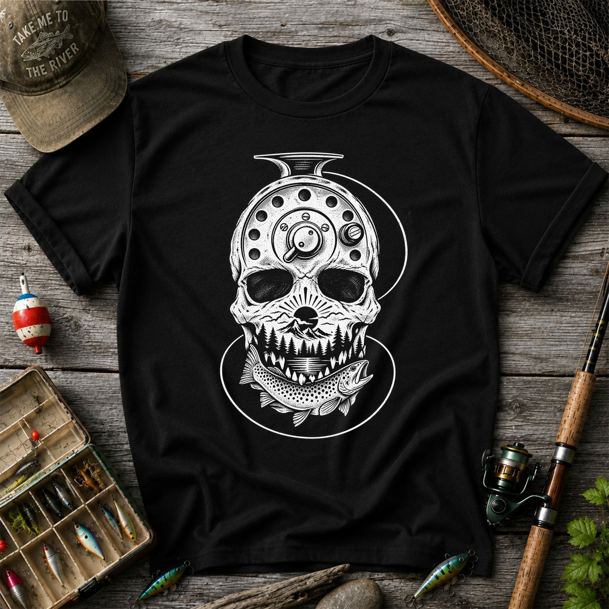 Trout and Fly Fishing Reel Skull Mountain Graphic T-Shirt
