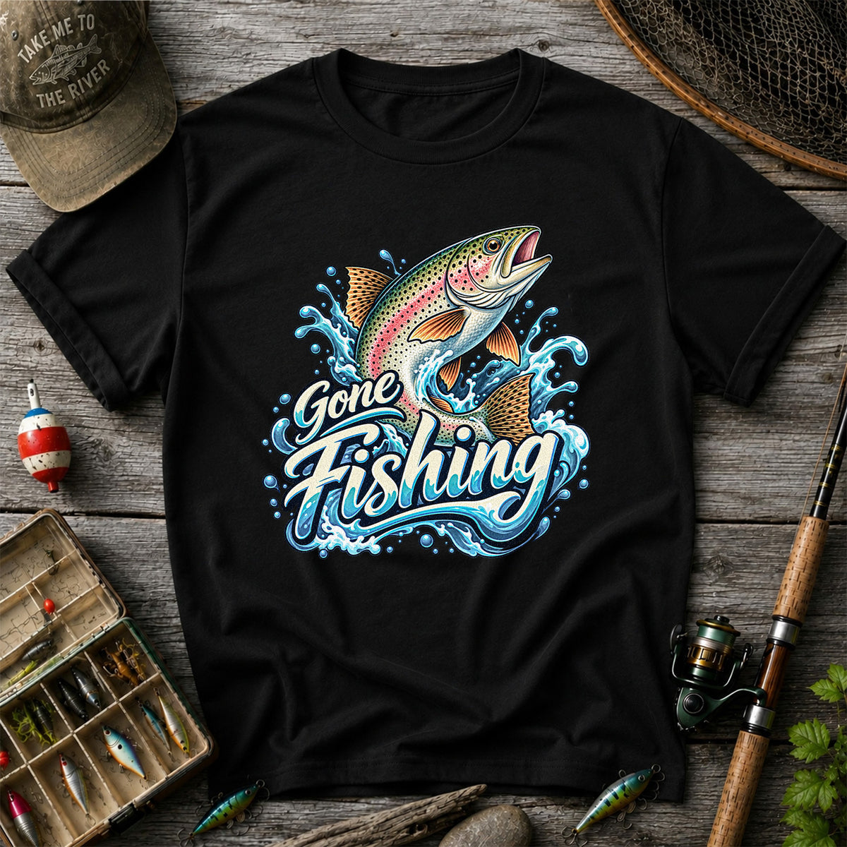 Gone Fishing Jumping Rainbow Trout Splash Graphic T-Shirt
