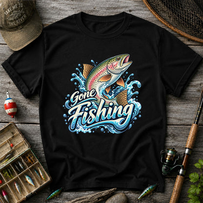 Gone Fishing Jumping Rainbow Trout Splash Graphic T-Shirt