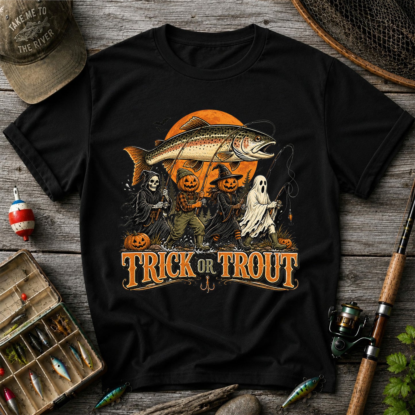 Trick or Trout Halloween Fishing T-Shirt, Vintage Trout Angler Tee