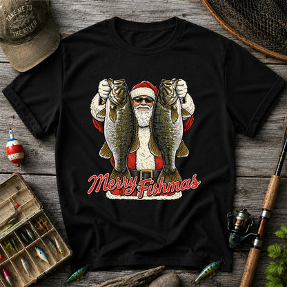 Santa Holding Bass Christmas Fishing Graphic T-Shirt