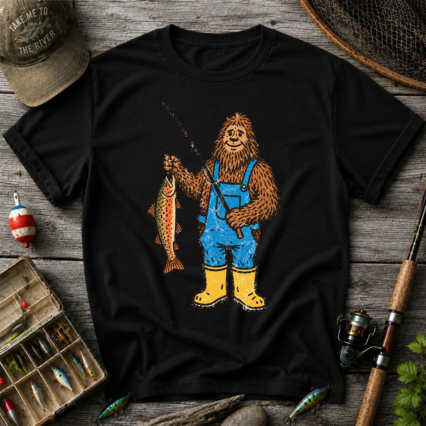 Bigfoot Holding a Brown Trout Fishing Graphic T-Shirt