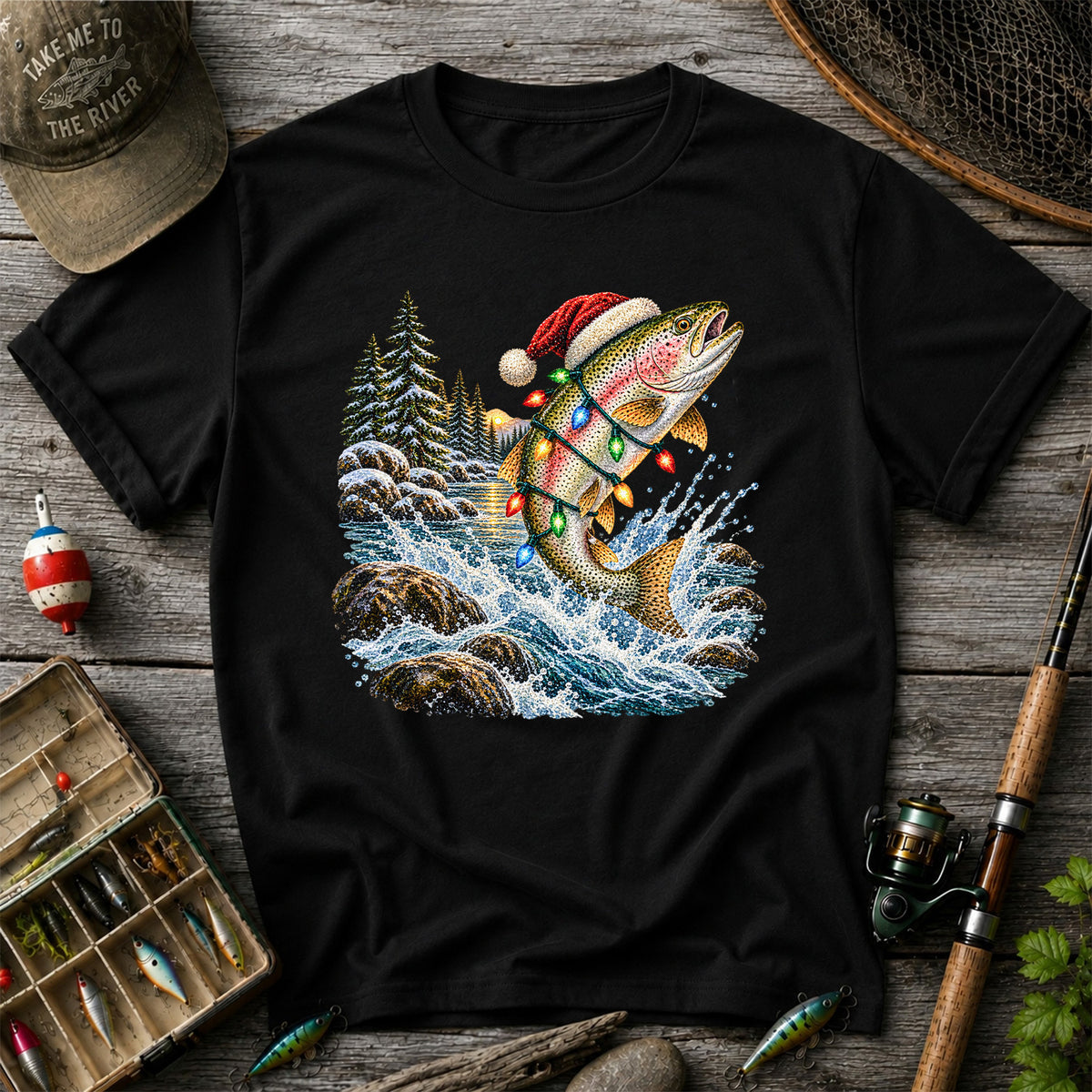 Santa Hat Rainbow Trout Christmas Fishing Graphic T-Shirt