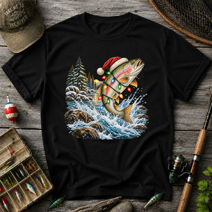 Santa Hat Rainbow Trout Christmas Fishing Graphic T-Shirt