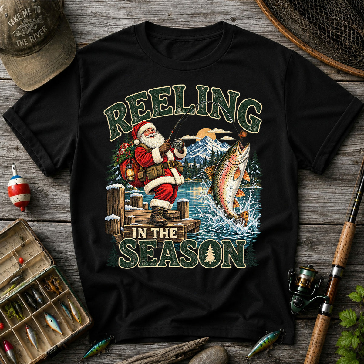 Reeling in the Season Santa Fishing for Rainbow Trout Christmas T-Shirt