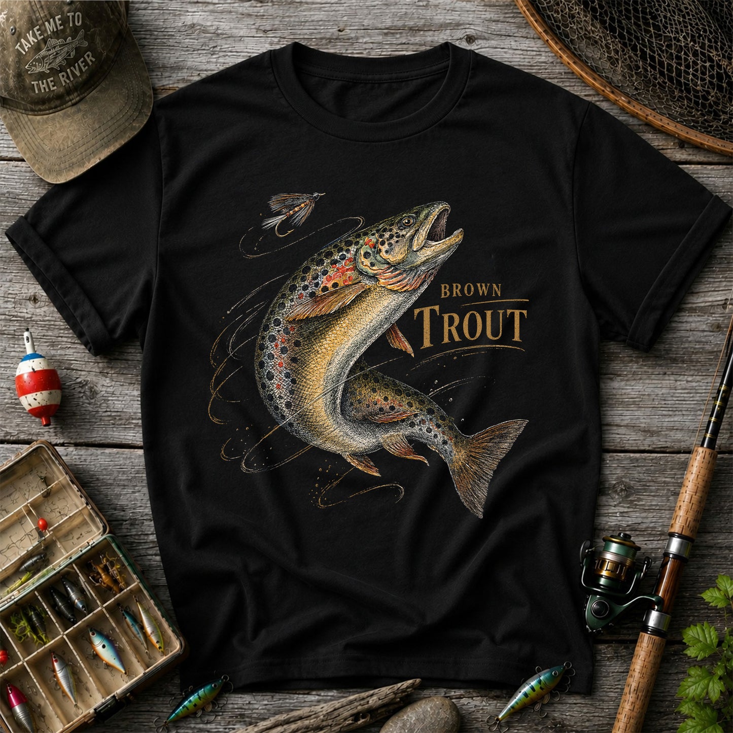 Brown Trout Chasing Fly Vintage Fishing Graphic T-Shirt
