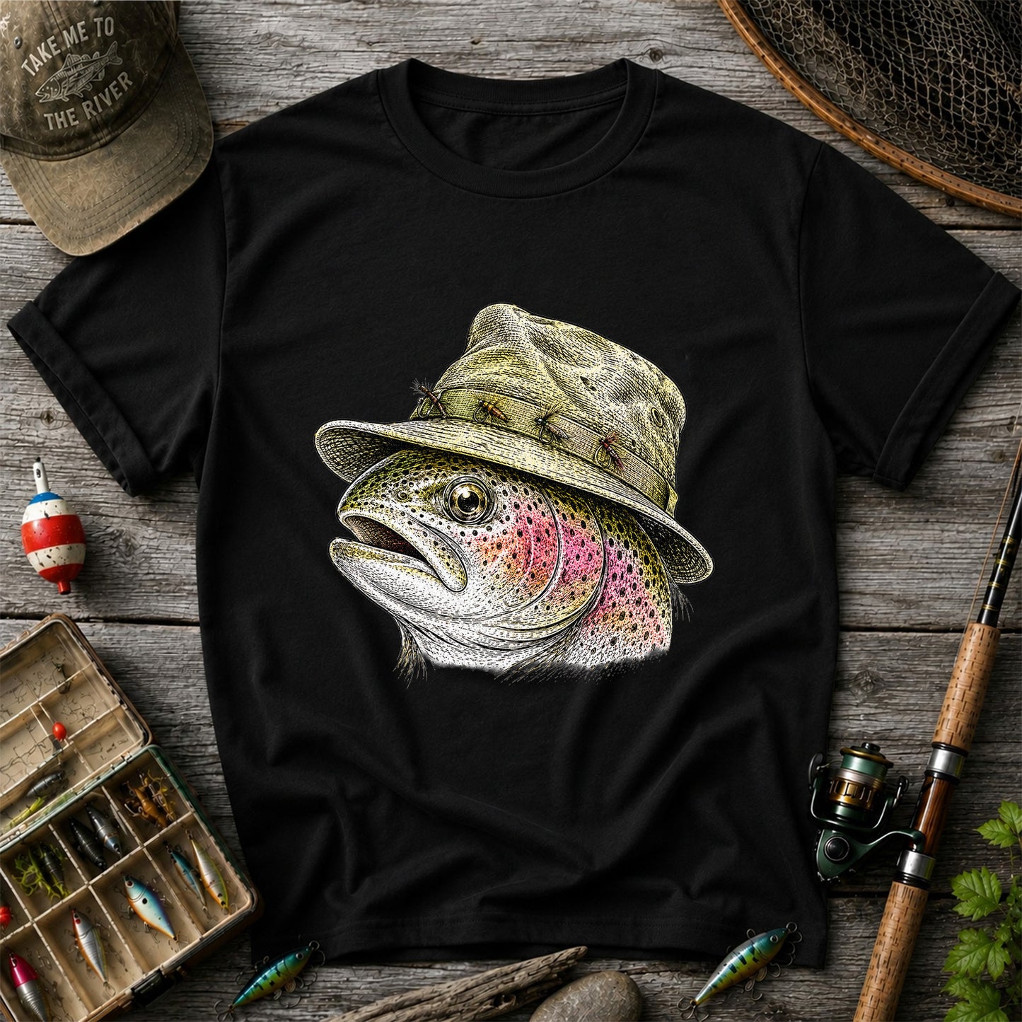 Rainbow Trout Wearing Fishing Hat Graphic T-Shirt