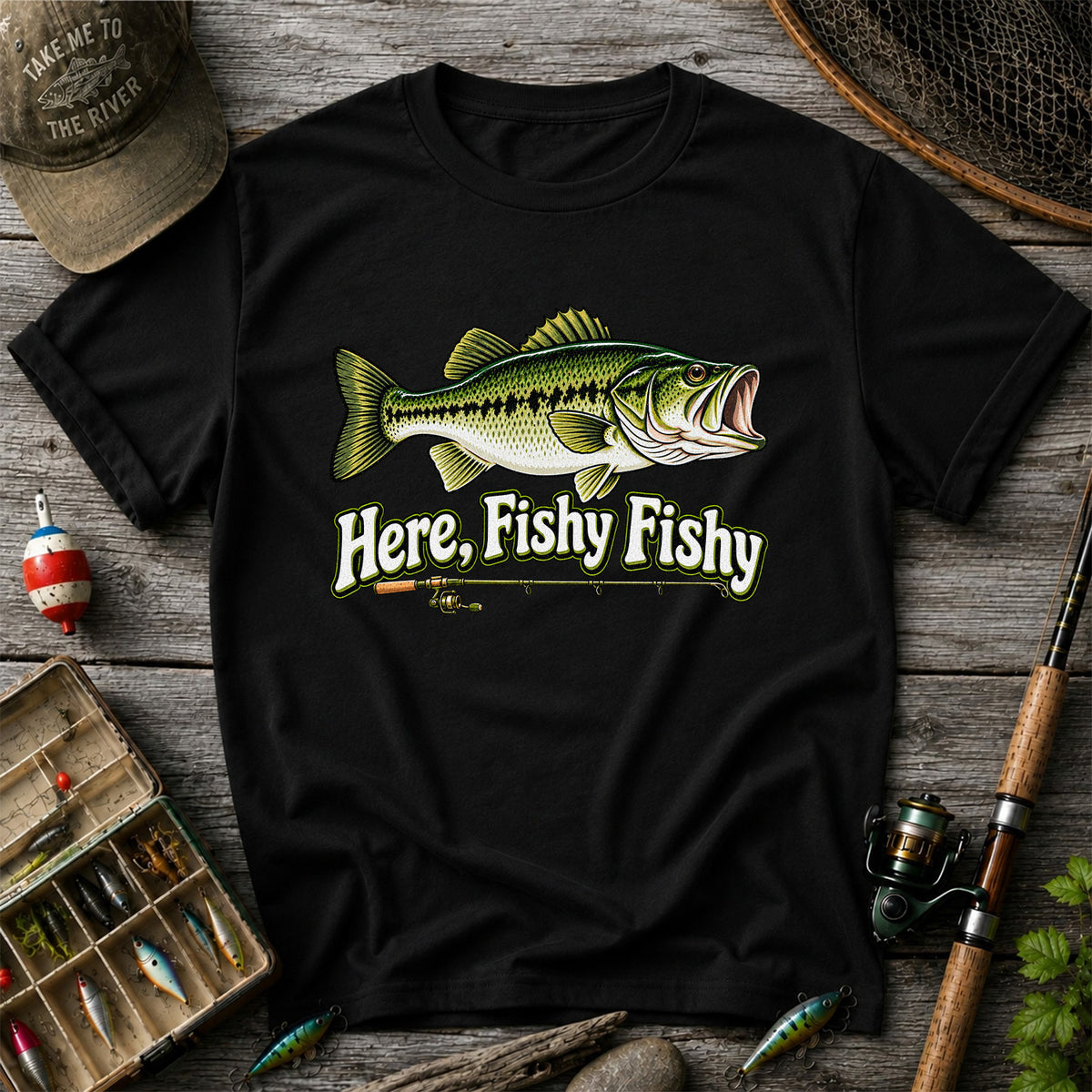 Here Fishy Fishy Funny Largemouth Bass Fishing Graphic T-Shirt
