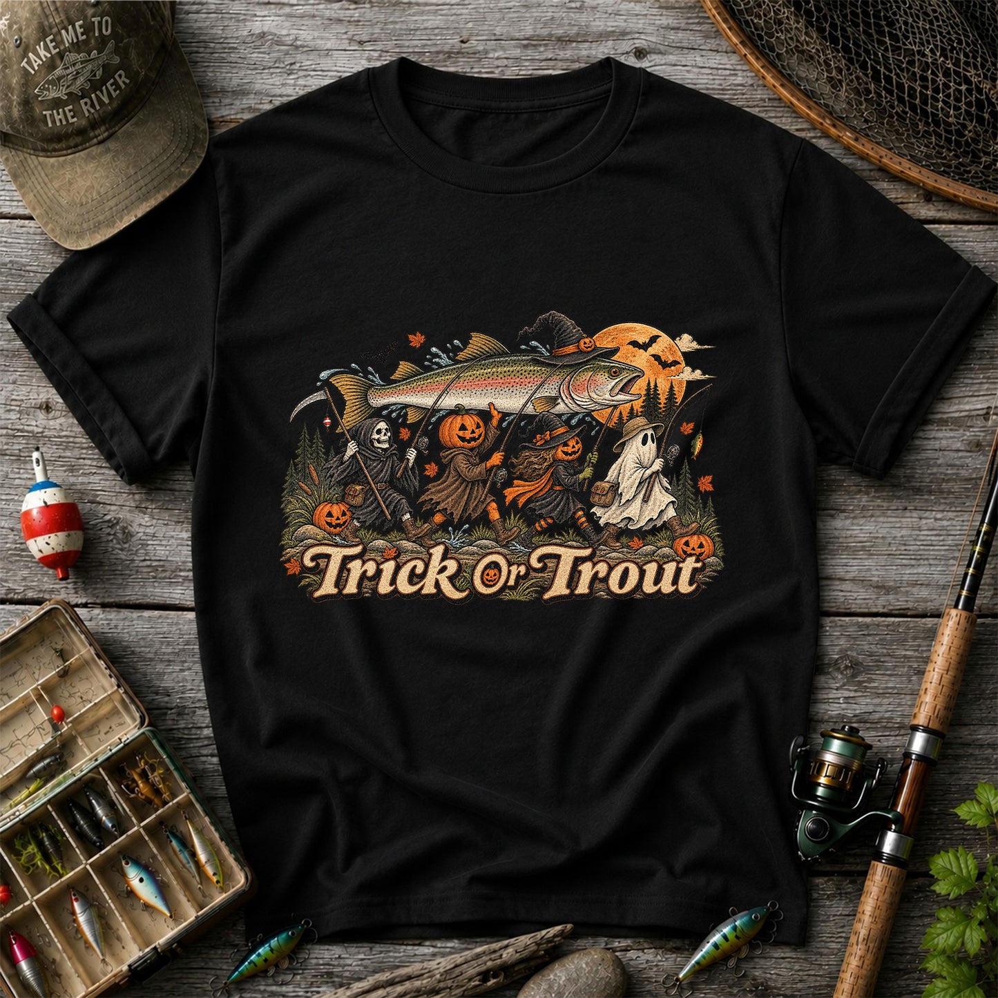 Trick or Trout Spooky Angler Parade Halloween Fishing T-Shirt