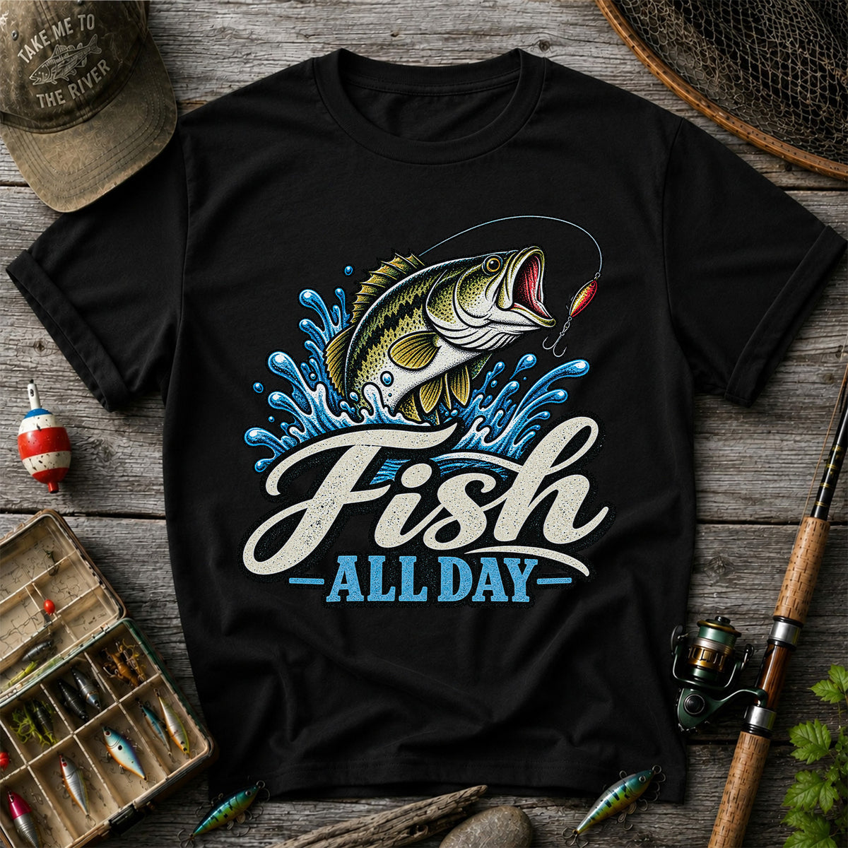 Fish All Day Jumping Bass Fishing Graphic T-Shirt