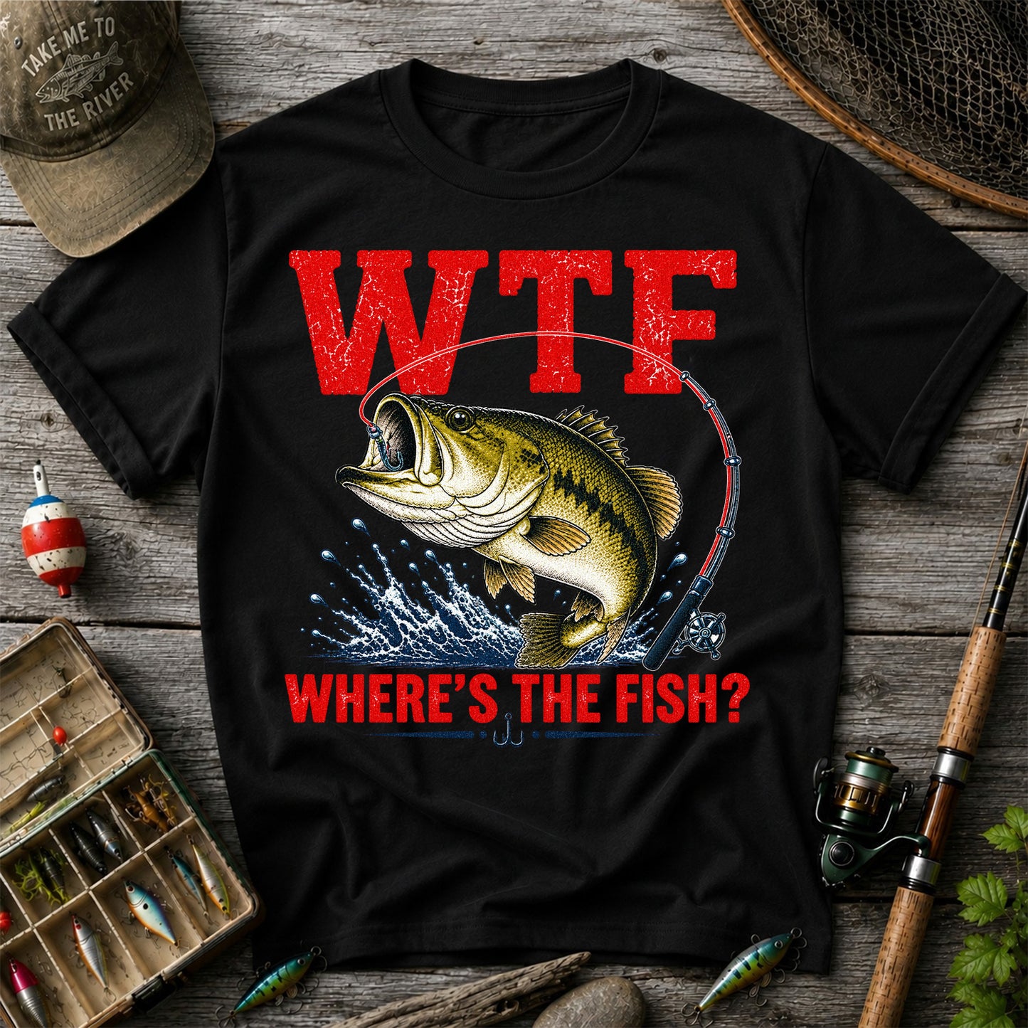 WTF Where's the Fish Largemouth Bass Funny Fishing T-Shirt