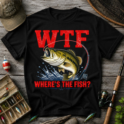 WTF Where's the Fish Largemouth Bass Funny Fishing T-Shirt