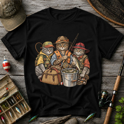 Three Fishing Cats with Rod and Catch Vintage Graphic T-Shirt