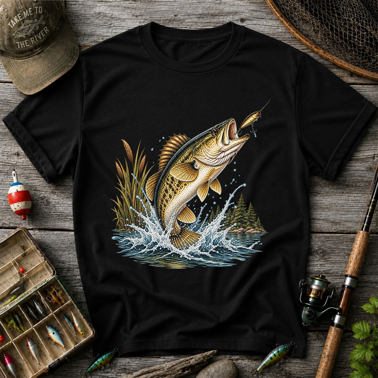 Jumping Bass Chasing a Lure Lake Fishing Graphic T-Shirt