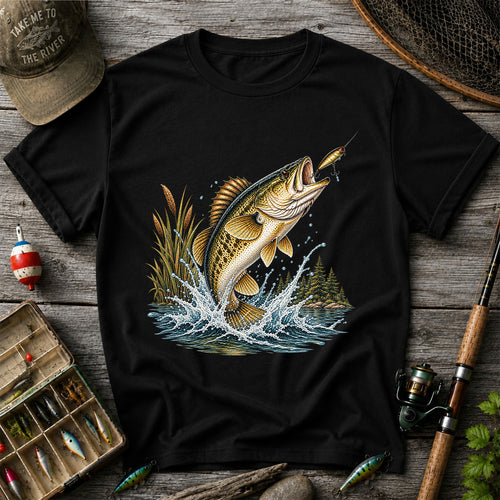 Jumping Bass Chasing a Lure Lake Fishing Graphic T-Shirt
