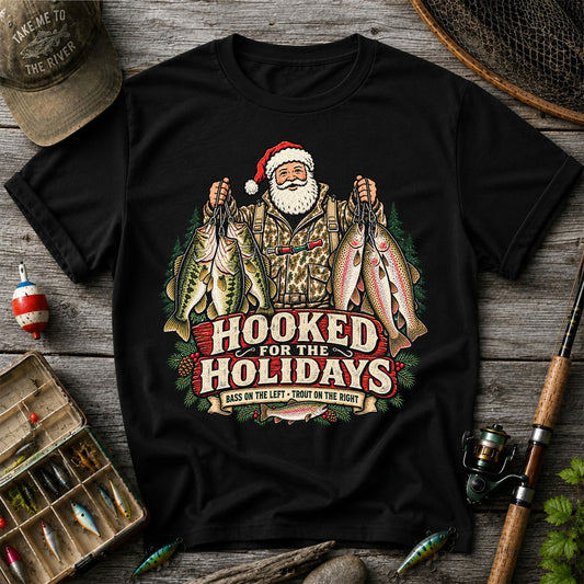 Hooked for the Holidays Bass on the Left Trout on the Right Santa Christmas Fishing T-Shirt