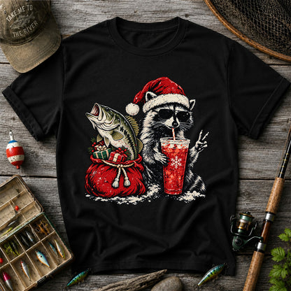 Santa Raccoon Sharing a Bass Christmas Fishing Graphic T-Shirt