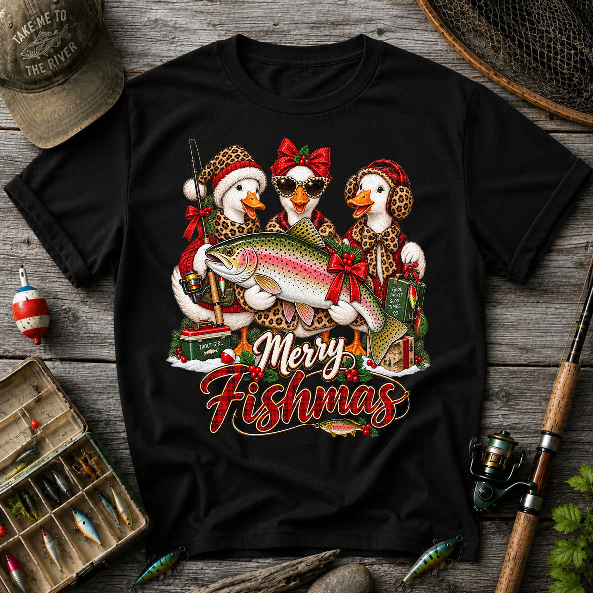 Merry Fishmas Christmas Ducks with Rainbow Trout Fishing T-Shirt