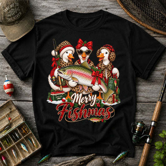 Merry Fishmas Christmas Ducks with Rainbow Trout Fishing T-Shirt