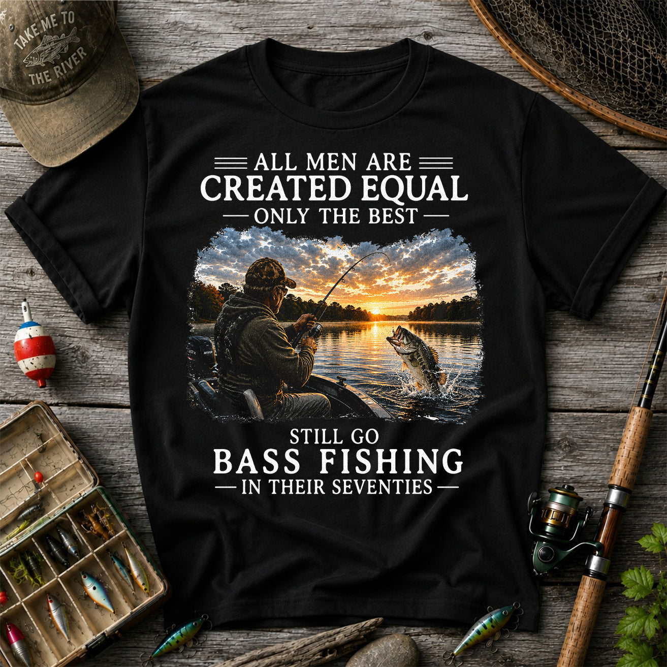 All Men Are Created Equal Funny 70th Birthday Bass Fishing Shirt for Men