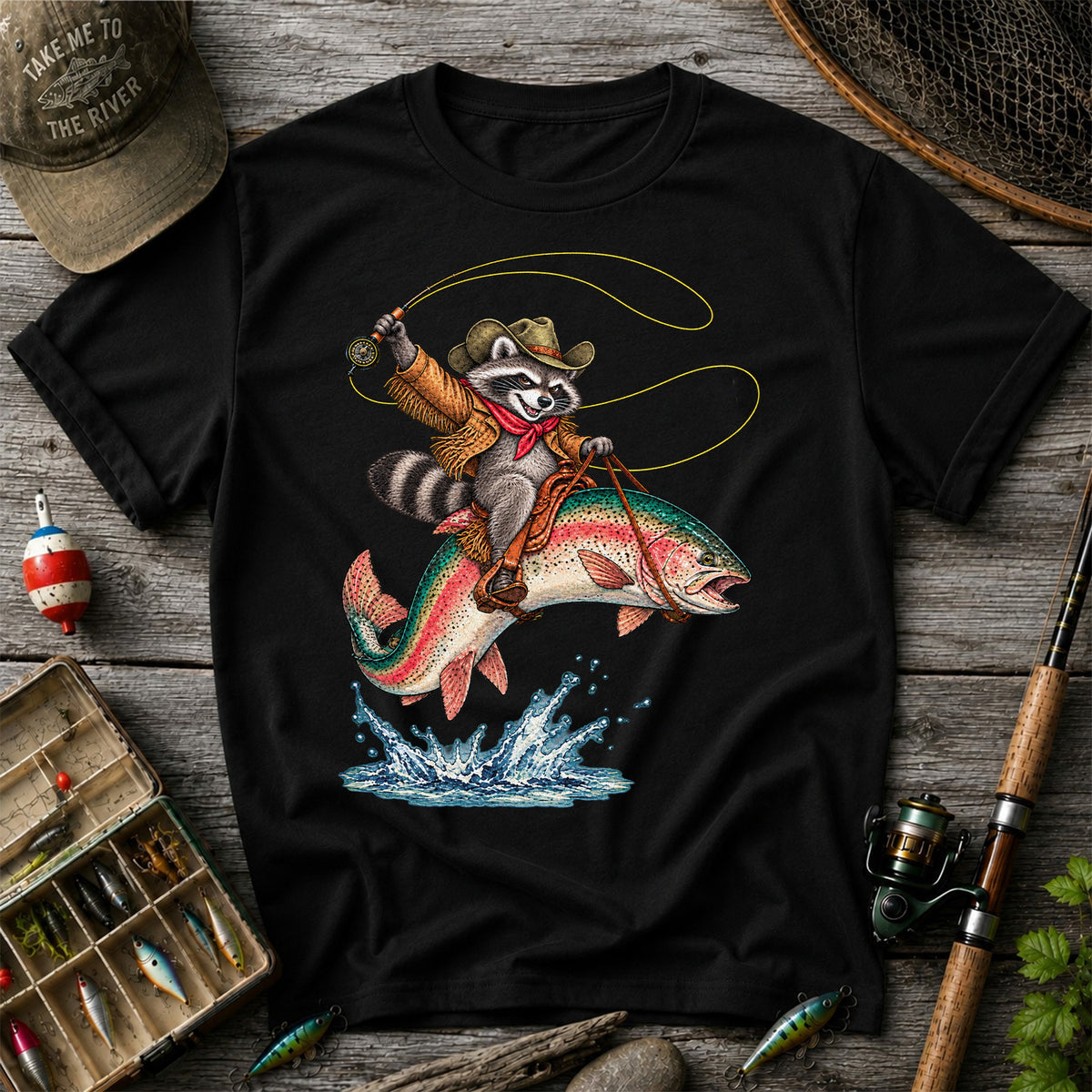Cowboy Raccoon Riding a Rainbow Trout Fishing Graphic T-Shirt
