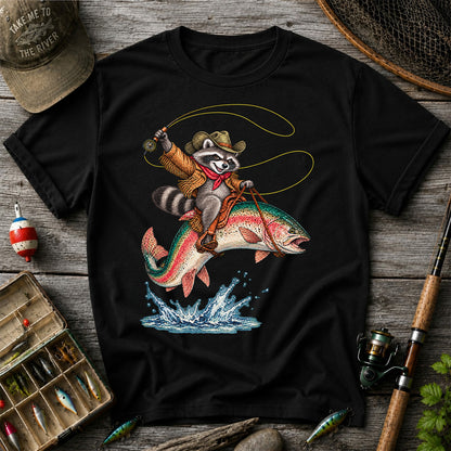 Cowboy Raccoon Riding a Rainbow Trout Fishing Graphic T-Shirt