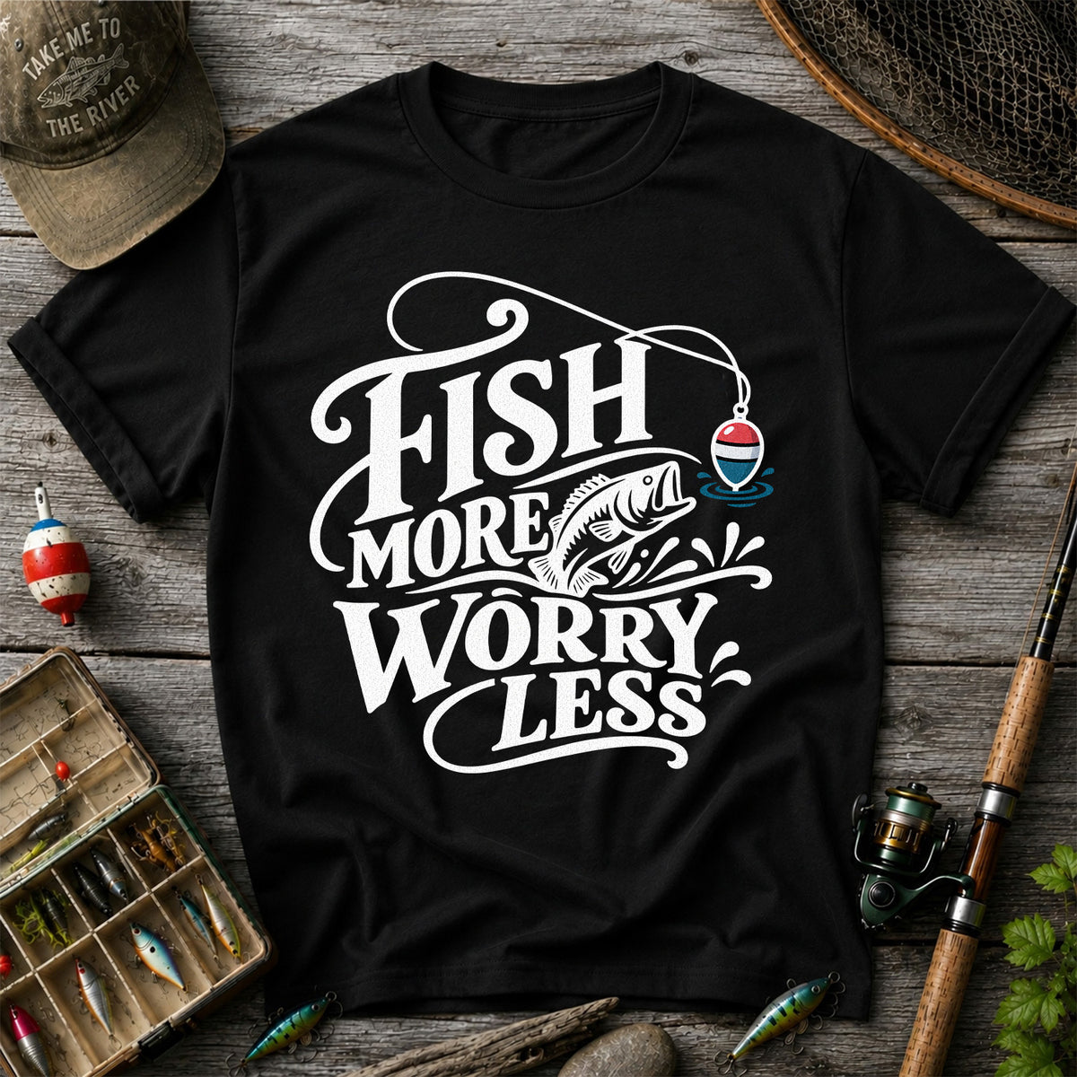 Fish More Worry Less Funny Fishing Graphic T-Shirt