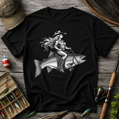 Cowgirl Riding a Trout Western Fishing Graphic T-Shirt
