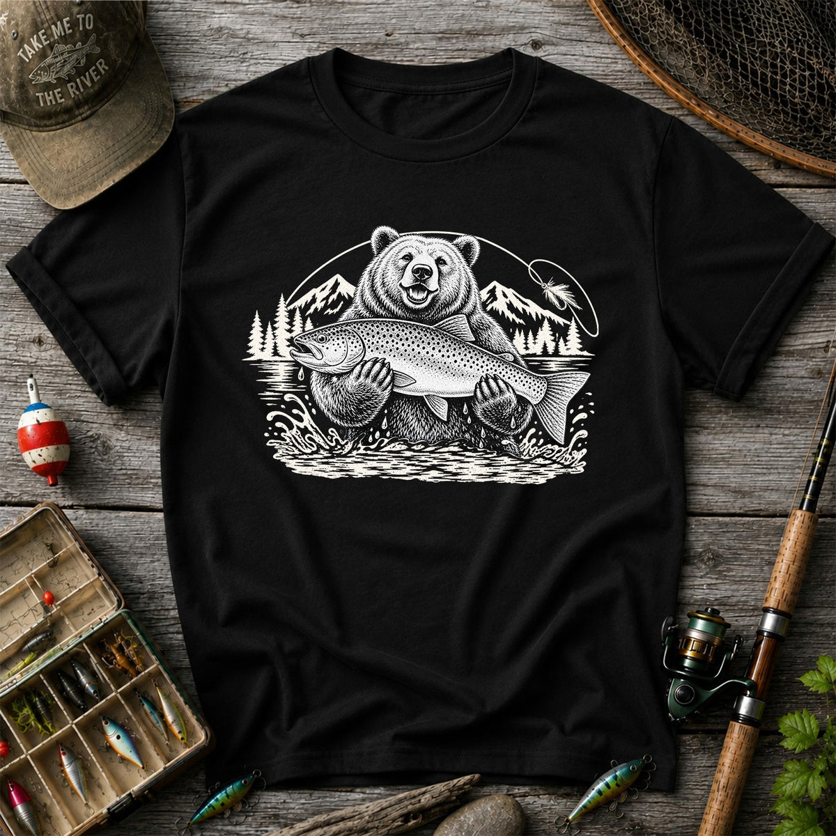 Bear Holding Trout in Mountain Lake Fishing Graphic T-Shirt