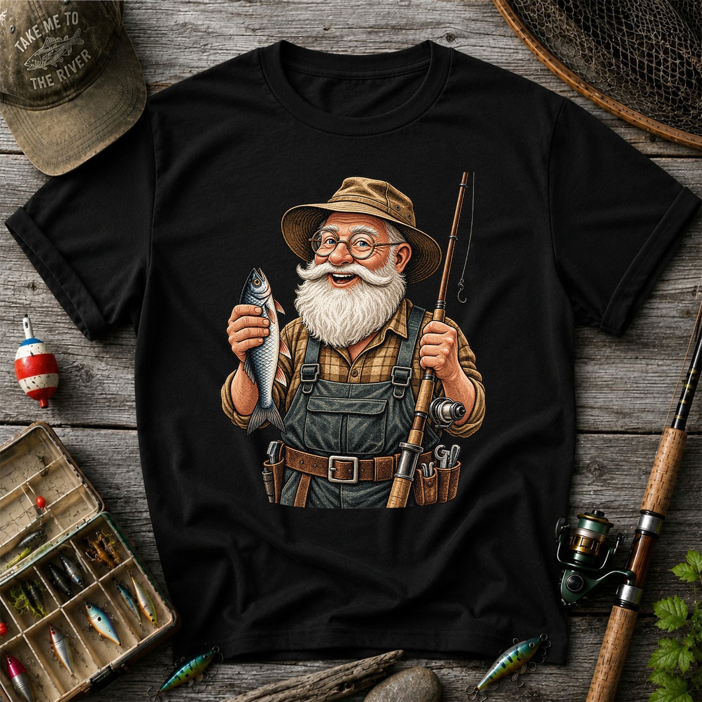 Bearded Angler Holding a Fish and Fishing Rod Graphic T-Shirt