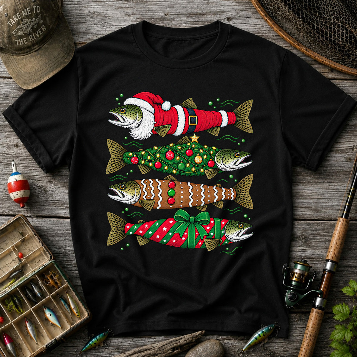 Christmas Trout Santa Tree and Gift Wrap Fishing T-Shirt
