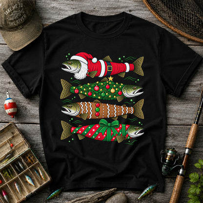 Christmas Trout Santa Tree and Gift Wrap Fishing T-Shirt