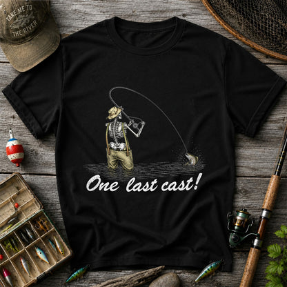 One Last Cast Skeleton Angler Fishing Graphic T-Shirt