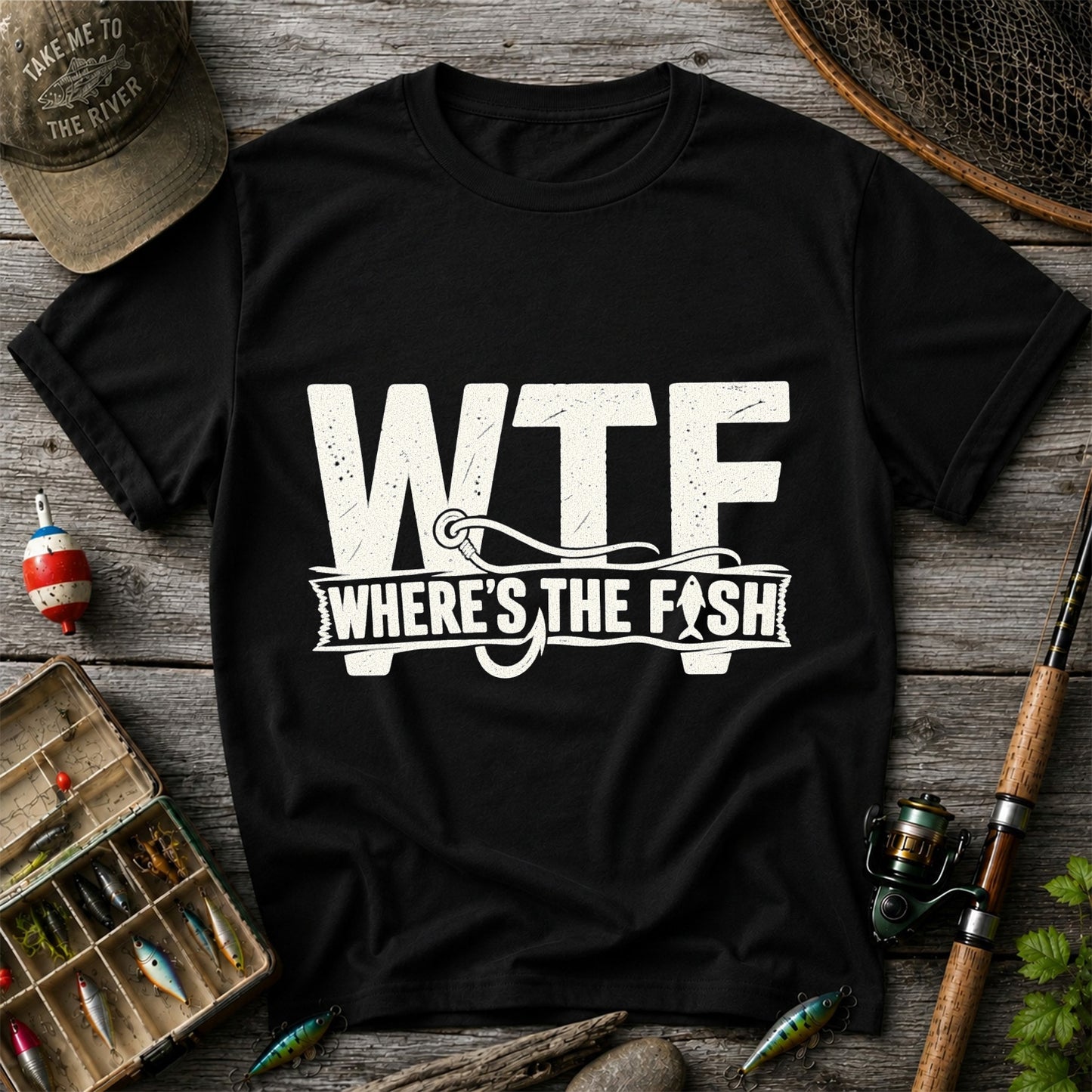 WTF Where's the Fish Funny Fishing Hook T-Shirt