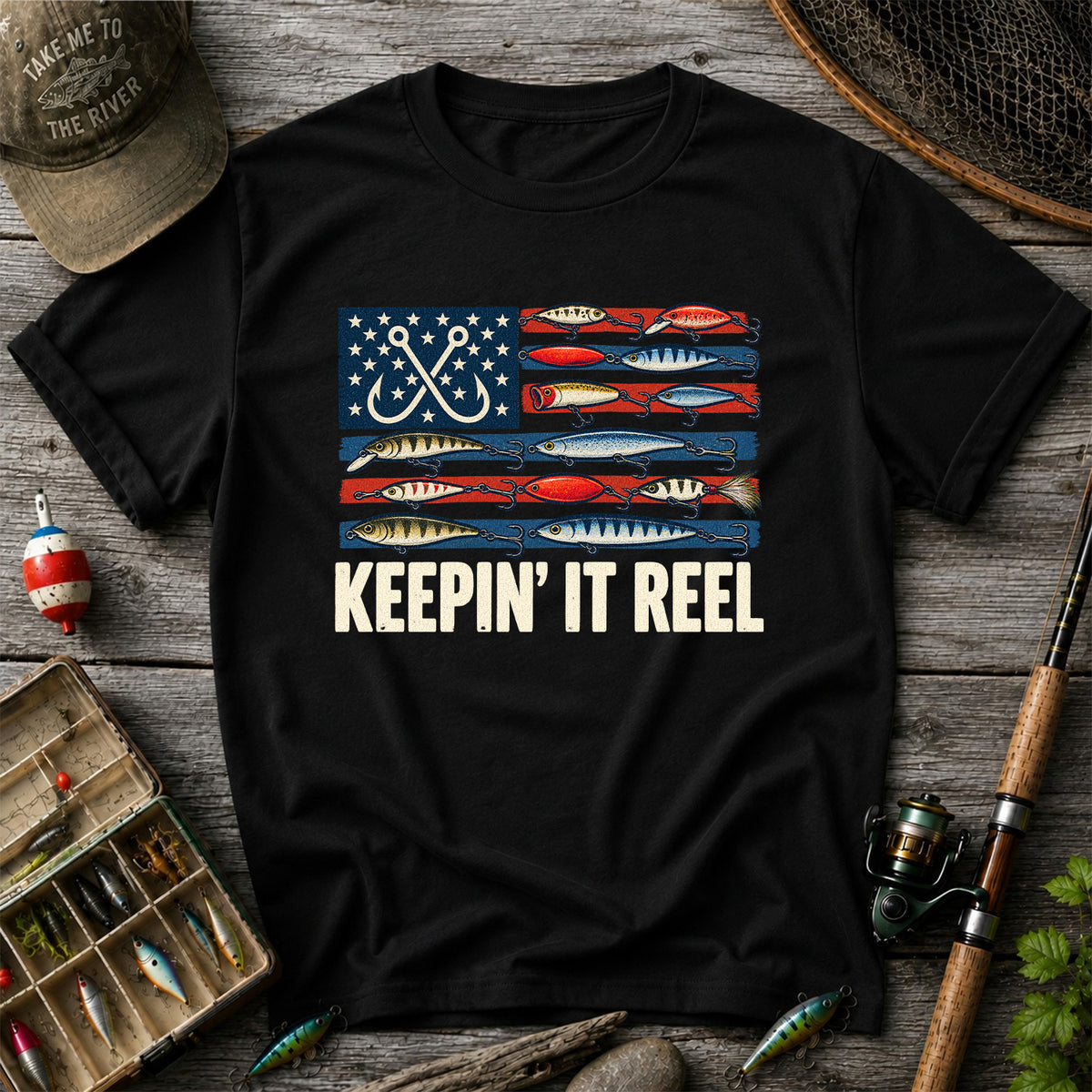 Keepin' It Reel American Flag Fishing Lures Graphic T-Shirt