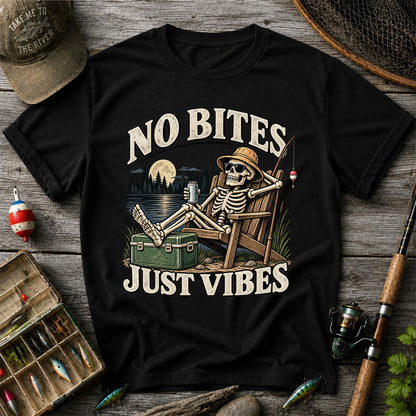 No Bites Just Vibes Skeleton Lake Fishing Graphic T-Shirt