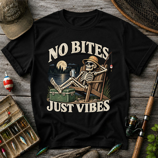 No Bites Just Vibes Skeleton Lake Fishing Graphic T-Shirt