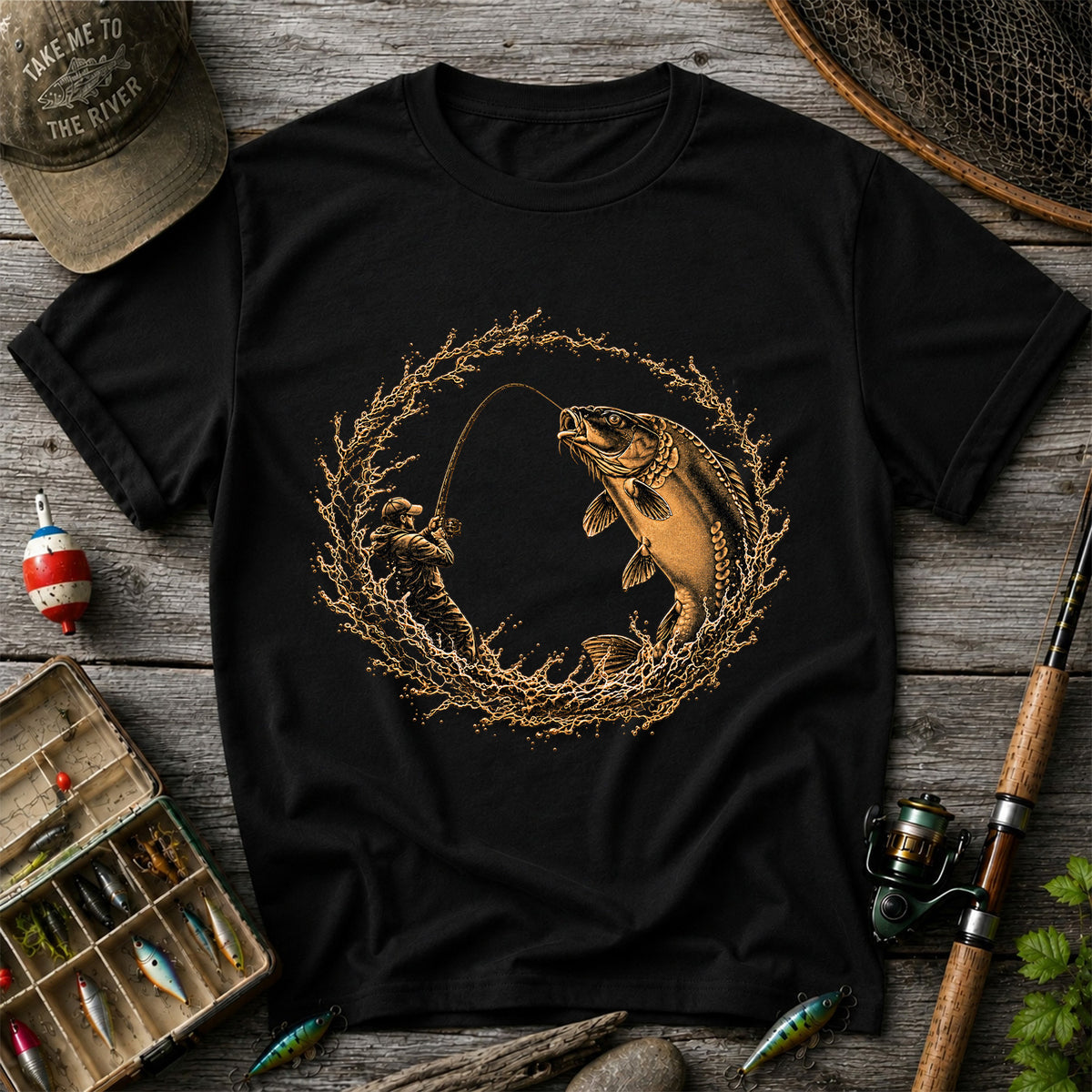 Carp Angler in Circular Water Splash Fishing Graphic T-Shirt