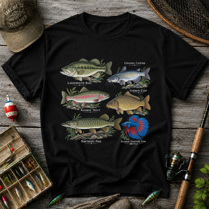 Bass Trout Catfish Carp Pike and Betta Freshwater Fish Graphic T-Shirt