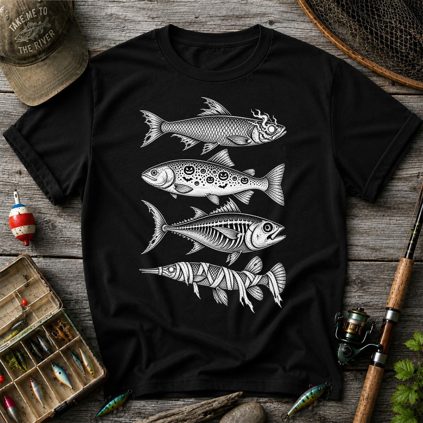 Halloween Zombie Pumpkin Skeleton and Mummy Fish Graphic T-Shirt
