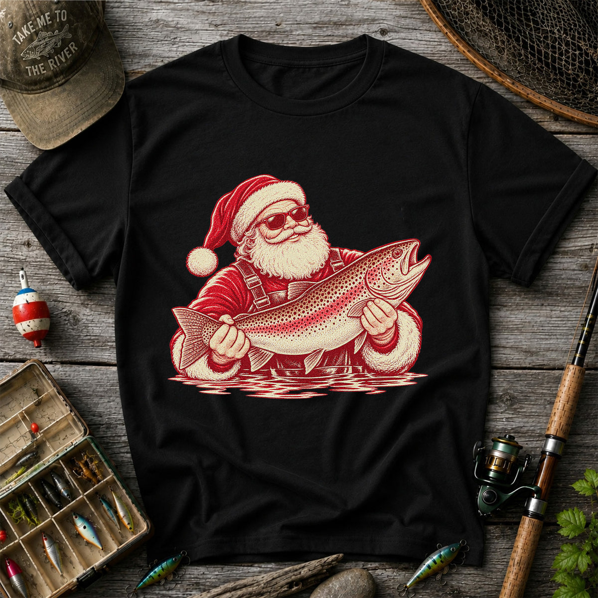 Santa Holding Trout Christmas Fishing Graphic T-Shirt