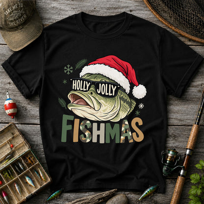 Bass Wearing Santa Hat and Holiday Glasses Fishing Graphic T-Shirt