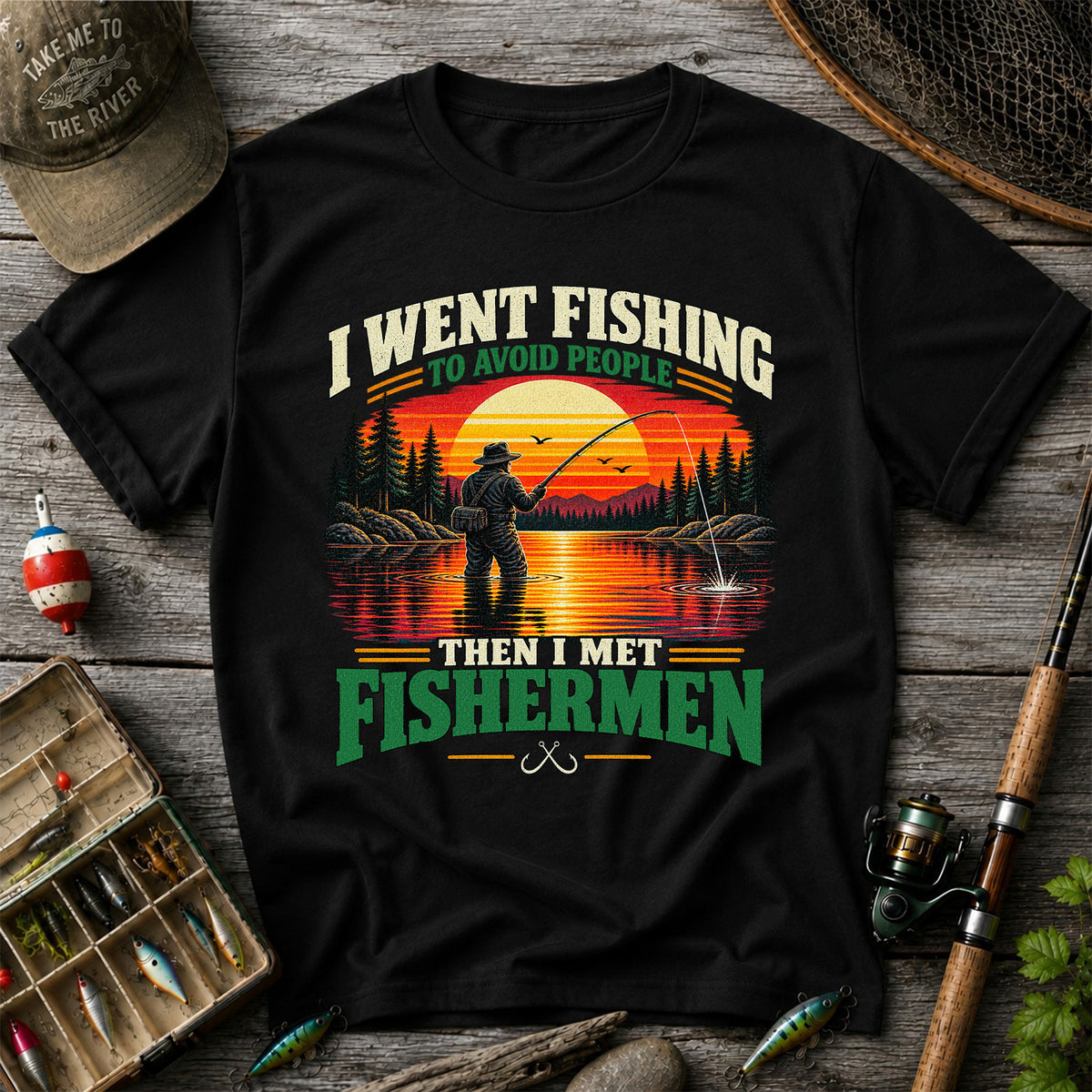 Sunset Fisherman Fishing Humor Graphic T-Shirt