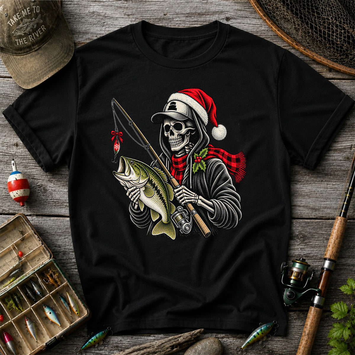 Christmas Skeleton Angler with Santa Hat and Bass Fishing T-Shirt