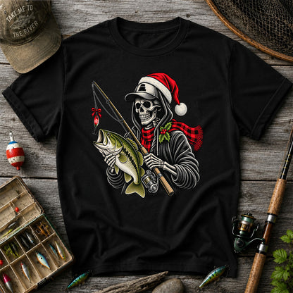 Christmas Skeleton Angler with Santa Hat and Bass Fishing T-Shirt