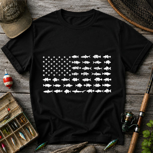 American Flag Made of Fish Silhouettes Fishing Graphic T-Shirt